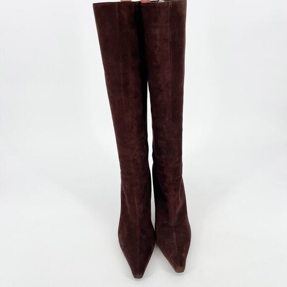 Retro Jimmy Choo Chocolate Brown Suede Knee High Pointed Toe Heeled Boot IT 41 - Picture 3 of 10